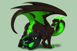 anal anal_sex anthro anthro_on_feral anthro_penetrated big_ears black_body bodily_fluids claws dragon duo feral feral_penetrating feral_penetrating_anthro genitals glowing glowing_claws glowing_eyes glowing_genitalia glowing_horn glowing_markings glowing_penis green_body green_eyes hi_res horn knot looking_back male male/male markings multicolored_body paradoxe penetration penis saliva saliva_on_tongue sex simple_background two_tone_body wings zoophilia