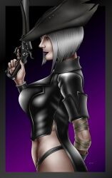 badhunter115 black_leather bloodborne blue_eyes exposed_thighs fromsoftware morrigin_paine pistol side_view sideboob skimpy smile weapon white_hair