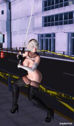 1girls 3d android blender blue_eyes boots breasts building derangedgod female fighting_stance gloves lingerie looking_away looking_away_from_viewer naked nier:_automata nude_female on_the_streets outdoors petite pink_nipples pubic_hair solo stance stockings sword virtuous_treaty white_hair xnalara yorha_2b