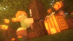 3d alex_(minecraft) angry ass axe bee bee_(minecraft) breasts cappuccinodrinker	 exclamation_point minecraft square_head standing