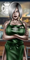 angry_face apron apron_only badhunter115 big_breasts bloodborne breast_milk_meme fromsoftware iced_latte_with_breast_milk meme morrigin_paine starbucks