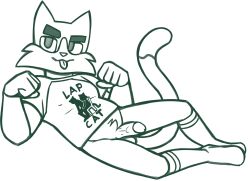 1boy 2022 5_fingers anthro balls belly big_eyes big_iris blep bottomless chair cheek_tuft chubby_anthro chubby_male clothed clothing crotch_tuft digital_media_(artwork) dilf dipstick_tail domestic_cat english_text eyebrows facial_tuft felid feline felis fingers footwear front_view fur fur_tuft furniture genitals hi_res joel_(litterbox_comics) knee_highs knee_socks legwear litterbox_comics looking_at_viewer lying male male_only mammal markings mature_anthro mature_male on_side penis prick_ears print_clothing print_shirt print_t-shirt print_topwear redout shirt slightly_chubby socks solo suggestive_shirt t-shirt tail_markings text text_on_clothing text_on_shirt text_on_t-shirt text_on_topwear thick_eyebrows tongue tongue_out topwear tuft vein veiny_penis webcomic