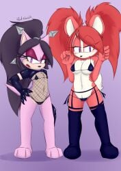 2girls anthro duo elbow_gloves fishnets frost_norde latex latex_gloves looking_at_viewer multiple_girls sonic_(series) sonic_oc star_the_spineless_hedgehog stockings