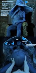 3d 4_arms blue_skin breedingduties comic doll elden_ring english_text large_belly large_breasts multi_arm multi_limb one_eye_closed partial_male pregnant pregnant_sex ranni_the_witch ready_to_pop text