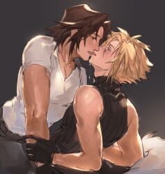 2boys blonde_hair clothed cloud_strife final_fantasy final_fantasy_vii final_fantasy_viii french_kiss gloves kissing male pretty_boy saliva saliva_drip sleeveless squall_leonhart tongue tongue_kiss yaoi