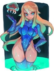 big_breasts binelu01 dakusuta hand_on_hip metroid metroid_(creature) samus_aran tagme thigh_gap