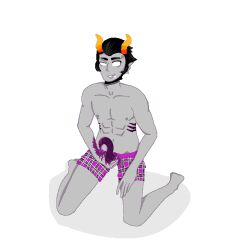 1boy abs boxers colored colored_cum cronus_ampora cum gills grey_skin homestuck horns male_only mostly_nude ms_paint_adventures pixel_art solo solo_male tentacle white_eyes