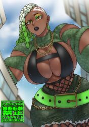 belt braids fishnets giantess half_shaved_head head_markings huge_breasts large_breasts looking_down minishorts neckchain oc original original_character ripped_clothes ripped_clothing shosho_oekaki thick_thighs wide_hips