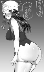 ? absurdres ass bare_arms bare_shoulders beanie blush breasts cowboy_shot dawn_(pokemon) embarrassed female from_side gradient gradient_background greyscale hat highres hotate-chan japanese_text large_breasts long_hair looking_at_viewer looking_to_the_side monochrome no_pants open_mouth panties panty_pull pokemon pokemon_(game) pokemon_dppt pulled_by_self pussy_juice raised_eyebrows scarf shirt sleeveless sleeveless_shirt solo standing sweat text translated underwear