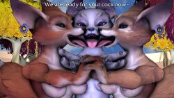 absurd_res anthro blizzard_entertainment breasts canid canine dialogue ear_piercing english_text female female/female fox group hand_holding hi_res humanoid looking_at_viewer mammal piercing plant rorykenneigh sand text tongue tongue_out tree video_games vulpera warcraft