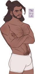 akshan balls big_ass boxers brown_skin dark-skinned_male defined_muscles gay hairy_arms hairy_chest league_of_legends long_hair_male pubic_hair standing teasing