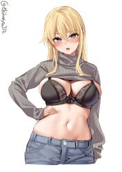 aqua_eyes bismarck_(kantai_collection) blonde_hair blush bra breasts cleavage clothes_lift cowboy_shot denim ebifurya female hair_between_eyes hand_on_hip highres jeans kantai_collection large_breasts long_hair long_sleeves looking_at_viewer midriff navel one-hour_drawing_challenge open_mouth pants ribbed_sweater stomach sweat sweater sweater_lift turtleneck turtleneck_sweater twitter_username underwear white_background