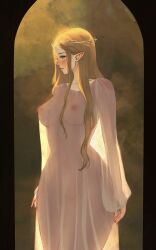 1girls blonde_hair blush breasts elf elf_ears elf_female embarrassed female female_only galadriel long_hair lord_of_the_rings middle-earth_(tolkien) nipples nyiccco pale-skinned_female pale_skin pointy_ears pussy solo solo_female transparent_clothing watermark white_skin wide_thighs