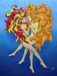 2girls adagio_dazzle barefoot bedroom_eyes breasts deddrunk equestria_girls eye_contact feet female hasbro holding_hands my_little_pony nudity questionable rainbow_rocks smiling sunset_shimmer underwater yuri