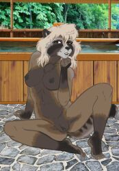 2022 anthro breasts brown_eyes canid canine cheek_tuft chest_tuft claws facial_tuft female fur genitals hot_spring looking_at_viewer mammal multicolored_body multicolored_fur navel nipples nude onsen pussy raccoon_dog sitting smile solo spread_legs spreading style_wager tanuki toe_claws tsuka_(style_wager) tuft water