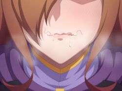 after_oral brown_hair closed_mouth clothed clothed_female cum cum_in_mouth dripping_cum kono_subarashii_sekai_ni_shukufuku_wo! licking_lips lips pubic_hair pubic_hair_in_mouth smiling stray_pubic_hair tedain wiz_(konosuba)