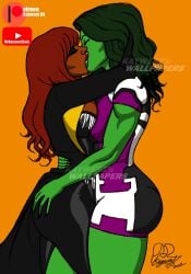 2022 2girls artist_logo dark-skinned_female female female_only fully_clothed green-skinned_female green_hair green_skin groping_ass holding_head hulk_(series) jameela_jamil kaywest lipstick marvel marvel_cinematic_universe marvel_comics mary_macpherran red_hair she-hulk she-hulk:_attorney_at_law tatiana_maslany titania_(marvel) yuri