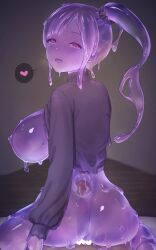 1boy1girl :d breasts breasts_out censored colored_skin core cum female from_behind hair_ornament hair_scrunchie heart heart_censor hekirake highres large_breasts long_sleeves looking_at_viewer monster_girl narrowed_eyes original pov purple_skin scrunchie sex side_ponytail slime_girl smile translucent_skin