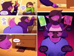 1boy 1girls absurd_res ass belly belly_button big_breasts breasts bubble_butt chubby cleavage color comic comic_cover comic_page deltarune dialogue english_text exposed_belly female female_focus hair_over_eyes hi_res kris_(deltarune) male midriff porn_magazine purple_skin reading reading_book scalie shaded susie_(deltarune) svarzye tail tailwag