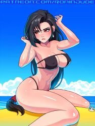 bikini eyepatch_bikini final_fantasy final_fantasy_vii floatie nipple_bulge ocean ronindude swimsuit swimwear tagme tifa_lockhart unhappy_female water