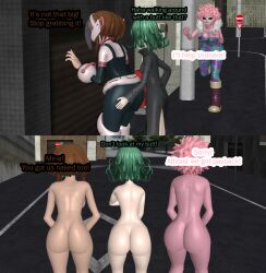 3d 3girls ass ass_focus ass_grab big_ass big_butt covering_breasts covering_crotch crossover defeated defeated_heroine embarrassed embarrassed_nude_exposure embarrassed_nude_female enf enf-persona-fan english_text female female_only hero_outfit_(mha) humiliated humiliation mina_ashido multiple_girls my_hero_academia ochako_uraraka one-punch_man public_nudity stripped stripped_naked tatsumaki text