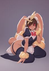 1girls black_sclera brown_hair female female_only garter_straps light_blush looking_at_viewer lopunny maid maid_headdress maid_uniform nintendo pokémon_(species) pokemon pokemon_(species) pokemorph red_eyes sitting smiling_at_viewer soda_uyu solo stockings thick_thighs thighhighs very_high_resolution