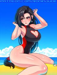 cleavage_cutout final_fantasy final_fantasy_vii floatie large_breasts ocean one-piece_swimsuit ronindude swimsuit swimwear tagme tifa_lockhart unhappy_female water