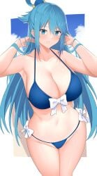 1girls aqua_(konosuba) arind_yudha bangs bare_arms bare_shoulders big_breasts bikini blue_bikini blue_eyes blue_hair blush breasts busty cleavage collarbone hair_ornament hands_in_hair hands_up highres kono_subarashii_sekai_ni_shukufuku_wo! large_breasts light-skinned_female light_skin long_hair navel parted_lips smile solo swimsuit thighs