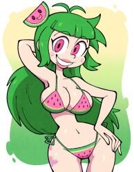 5_fingers bikini bikini_bottom bikini_top breasts cleavage commission green_hair long_hair navel red_eyes shenaniganza smile vannamelon vannamelon_(copyright) virtual_youtuber watermelon_bikini