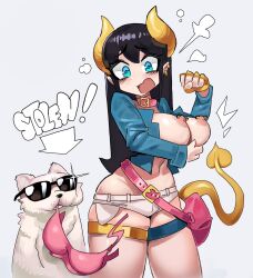 1animal 1girls aqua_eyes areolae black_hair blush breasts canine demon_girl demon_horns demon_tail earrings female female_only hi_res horns legband long_hair nipples pointy_ears solo succubus sunglasses tail thick_thighs vee_eks velvet_(ironbunz) white_background wide_hips