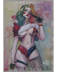 1girls batman_(series) big_breasts blonde_hair busty cleavage curvaceous curvy dc dc_comics digital_drawing_(artwork) digital_media_(artwork) digital_painting_(artwork) drawing dyed_hair eyebrows eyelashes eyes female female_only fishnet_stockings fishnets fit fit_female hair harley_quinn hips light-skinned_female light_skin lips makeup multicolored_hair painting short_shorts solo stockings suicide_squad tamiegadelha thighs