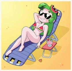 beach bikini bikini_bottom bikini_top breasts clam cleavage clothing drink female glasses green_hair human long_hair pale_skin sand smile swimwear table thisnameistaken vannamelon vannamelon_(copyright) watermelon_bikini watermelon_slice