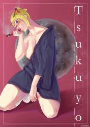 alternate_costume blonde_hair blush chonmage crouching female female_only full_body gintama hair_ornament haori japanese_clothes kiseru kneeling kunai no_bra off_shoulder one_breast_out pipe purple_eyes smoking smoking_pipe solo tabi tied_hair tsukuyo yorollimor