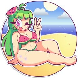 4_toes 5_fingers beach bikini bikini_bottom bikini_top blep breasts cleavage eye_closed female green_hair long_hair one_eye_closed pink_eyes sand tattoo thisnameistaken vannamelon vannamelon_(copyright) virtual_youtuber water watermelon_bikini