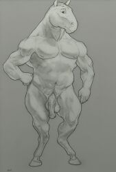 animal_genitalia animal_penis anthro artist_name balls equid equine equine_penis front_view genitals half-erect horse laser_(artist) looking_at_viewer male male_only mammal medial_ring monochrome mouth_closed musclegut muscular muscular_anthro muscular_male navel nipples nude pecs penis simple_background solo standing vein veiny_penis