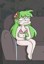 bikini bikini_bottom bikini_top breasts cleavage couch green_hair long_hair screenshot sitting sitting_on_couch tattoo vannamelon vannamelon_(copyright) virtual_youtuber watermelon_bikini youtube_source