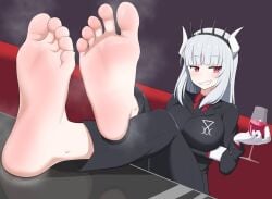 1girls big_breasts breasts clothing crown demon_girl feet female female_only foot_fetish foot_focus gloves helltaker horns jkisaradu jksddm long_hair lucifer_(helltaker) naughty_face red_eyes soles steam white_hair wine