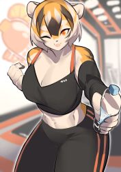 1girls amber_eyes anthro arknights aspirindabaitu big_breasts breasts female looking_at_viewer mx99926 smile solo solo_female sports_bra tagme tiger tiger_girl waai_fu_(arknights)