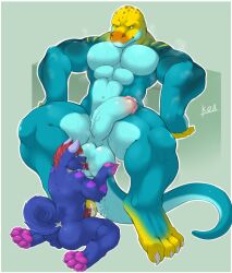 2boys 4_toes 5_fingers abs anthro ball_lick balls biceps blue_body bodily_fluids canid claws cum cum_on_penis cum_on_tail duo erection feet finger_claws fingers gay genital_fluids genitals glistening glistening_balls glistening_genitalia hand_on_balls hi_res holding_balls koa_wolf larger_anthro larger_male leaking_precum licking lizard looking_down looking_down_at_partner male male/male mammal monroe_lehner muscular muscular_anthro muscular_male muscular_thighs oral pawpads pecs penis precum precum_on_leg purple_body reptile scalie sex size_difference smaller_anthro smaller_male steam sweat sweaty_chest toe_claws toes tongue tongue_out vein veiny_penis