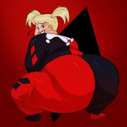 1girls ass ass_focus batman:_the_animated_series batman_(series) bbw big_ass big_butt blonde_female blonde_hair blonde_pigtails bottom_heavy dc dc_comics female female_only ffa5 harleen_quinzel harley_quinn harley_quinn_(classic) looking_at_viewer looking_back obese overweight pigtails rear_view shaking shaking_ass shaking_butt solo sweat twintails