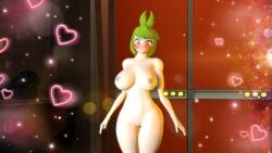 3d big_breasts bing_mario blush female female_only green hair looking_at_viewer melony_(smg4) naked nude smg4 surprised thick_thighs watermelon