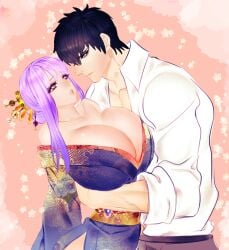 1boy 1girls alternate_costume big_breasts black_hair cleavage crack_pairing embrace enormous_breasts female gintama glasses_removed hair_ornament hijikata_toshiro hug huge_breasts japanese_clothes kimono light_purple_hair long_hair looking_at_another male marupo mole_under_eye no_bra obi off_shoulder open_kimono purple_eyes purple_hair sarutobi_ayame sidelocks tied_hair