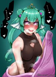 1girls bare_hips bare_shoulders belly_button big_breasts blush exposed_shoulders finana_ryugu finana_ryugu_(2nd_costume) flower flower_in_hair green_hair hair_bun hair_ornament head_fins heart-shaped_pupils heavy_blush heavy_breathing horny invicta_solar looking_at_viewer medium_breasts navel nijisanji nijisanji_en purple_eyes skin_tight skin_tight_suit solo solo_female solo_focus sweat sweating taking_off tight_clothes tight_clothing twintails virtual_youtuber