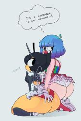 2girls ass_focus ass_grab bee bee_girl black_hair blue_hair clown_girl female_only fizzie_(vendant) hi_res huge_ass karri large_ass looking_back multiple_girls no_mouth panties text thick_thighs vendant wide_hips yellow_skin