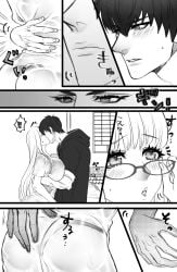 1boy 1girls ass big_breasts bikini blush breast_press breast_squish comic crack_pairing embrace female gintama glasses groping hand_on_ass hijikata_toshiro hug huge_breasts kissing long_hair looking_at_another male marupo mole_under_eye monochrome sarutobi_ayame see-through_clothing waist_grab wet_clothes