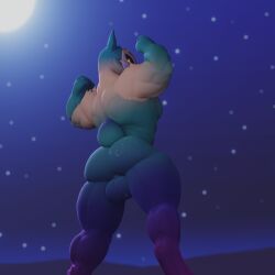 3d 3d_(artwork) anthro anxiboi balls blue_fur facing_away flexing furry furry_ears hi_res male male_only mask moon muscular night nude star_eyes tagme tail yellow_eyes zetar_(anxiboi)