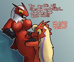 anthro beak blaziken blonde_hair breast_size_difference breasts carol_(otterjunk) duo eyelashes genitals hair hi_res highlights_(coloring) long_hair marker nintendo nipples otterjunk penis pokemon pokemon_(species) pubic_tattoo racha_(otterjunk) sharpie text video_games