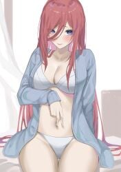 1girls absurdres bangs blue_cardigan blue_eyes blush bra brown_hair byeon_dha cardigan commentary_request cowboy_shot go-toubun_no_hanayome hair_between_eyes highres long_hair looking_at_viewer nakano_miku navel open_cardigan open_clothes panties simple_background sitting solo stomach thighs underwear very_long_hair white_bra white_panties