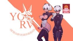 1boy 1futa areolae big_penis blindfold blush breasts breasts_out clothed clothing crossover duo english_text erect_penis erection femboy fully_clothed futa_is_bigger futanari human light-skinned_futanari light-skinned_male light_skin male neon_genesis_evangelion nier nier:_automata nipples penis penis_size_difference plugsuit short_hair small_penis tailbox text thighhighs trap white_hair yorha_2b yorha_9s yorha_commander