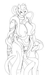 breasts canid canine canis female futuristic_armor genitals hi_res mammal monochrome pussy solo tentacle treniea wolf